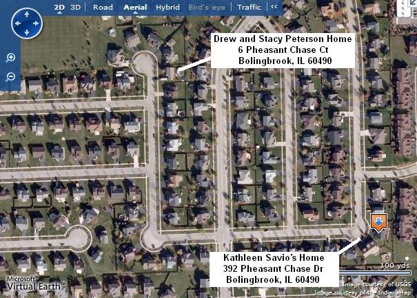 [Map showing distance between Kathleen Savio's house at 392 Pheasant Chase and Drew and STacy's house at 6 Pheasant Chase, Bolingbrook, Illinois]