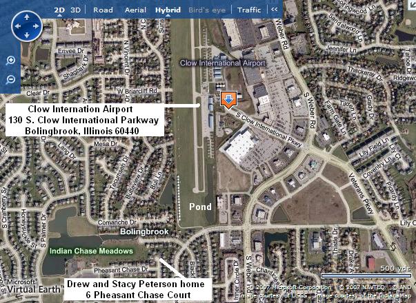 [Google Map showing Clow International Airport, pond and Peterson home at 6 Pheasant Chase Court, Bolingbrook, Will County, Illinois]